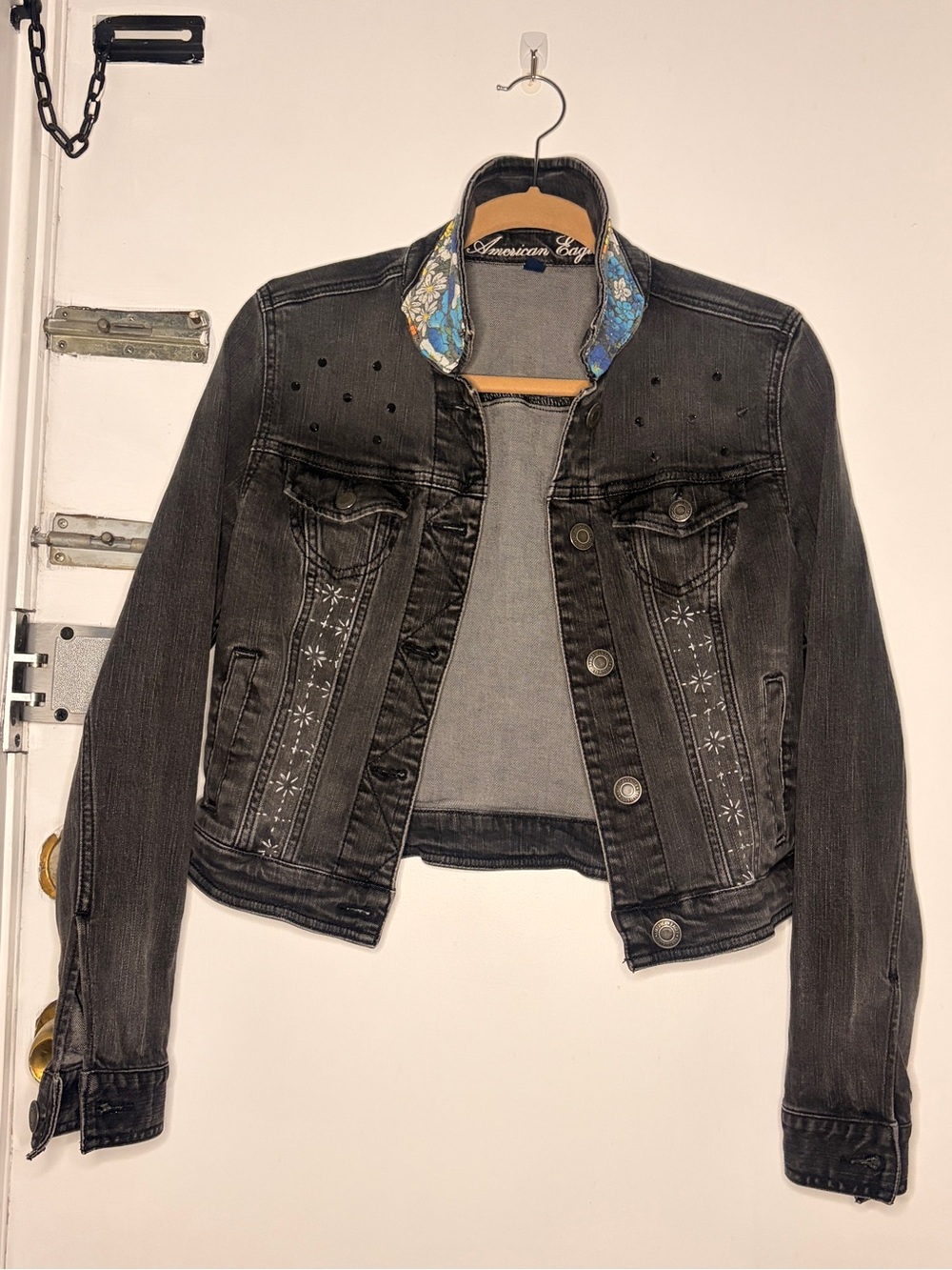 American Eagle Black Jean Jacket with added studs, sashiko & floral lined collar